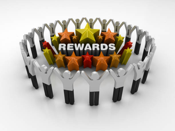 istock Pictogram Teamwork and Colorful Stars with REWARDS Word - 3D Rendering 1205973954