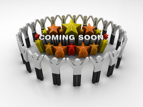 Pictogram Teamwork and Colorful Stars with COMING SOON Phrase - 3D Rendering
