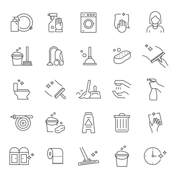 Vector illustration of Set of Cleaning Related Line Icons. Editable Stroke. Simple Outline Icons.