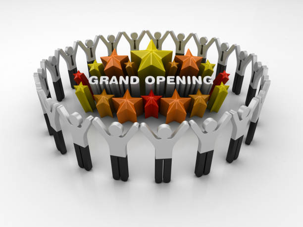 istock Pictogram Teamwork and Colorful Stars with GRAND OPENING Phrase - 3D Rendering 1205975075