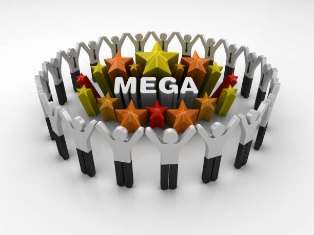istock Pictogram Teamwork and Colorful Stars with MEGA Word - 3D Rendering 1205975683