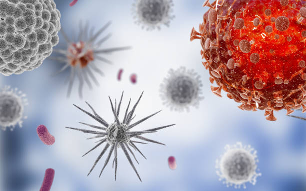 istock Virus cells or bacteria molecule. Flu, view of a virus under a microscope, infectious disease. Germs, bacteria, cell infected organism. Virus H1N1, Swine Flu, Corona virus. 3d Rendering. 1205976242