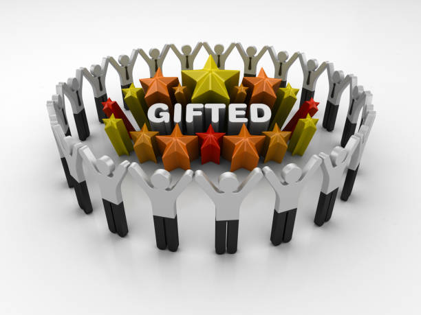 istock Pictogram Teamwork and Colorful Stars with GIFTED Word - 3D Rendering 1205976384