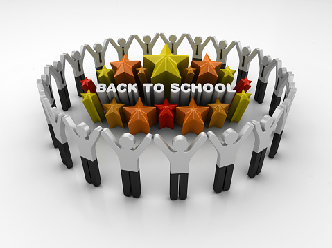 Pictogram Teamwork and Colorful Stars with BACK TO SCHOOL Phrase - 3D Rendering