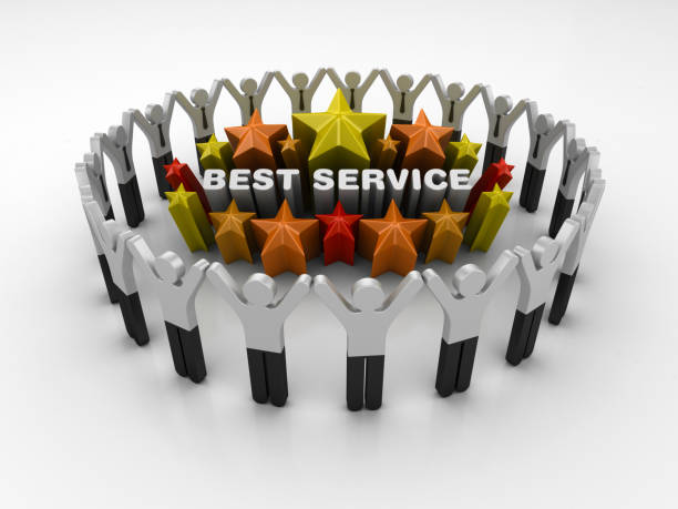 istock Pictogram Teamwork and Colorful Stars with BEST SERVICE Phrase - 3D Rendering 1205977487