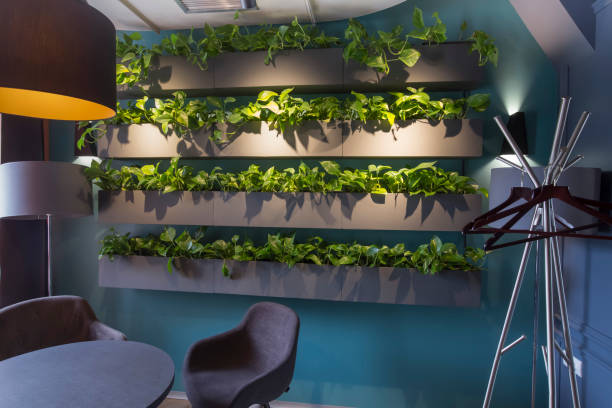 istock Eco restaurant interior with green artificial plants on wall 1205977579