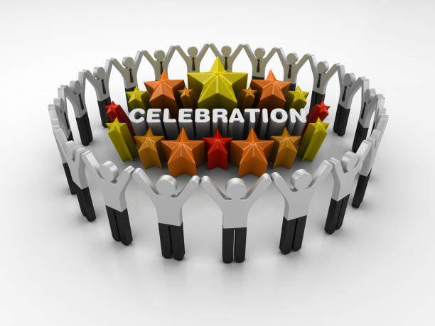istock Pictogram Teamwork and Colorful Stars with CELEBRATION Word - 3D Rendering 1205977659