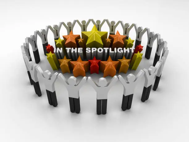 Photo of Pictogram Teamwork and Colorful Stars with IN THE SPOTLIGHT Phrase - 3D Rendering