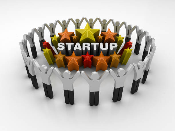 istock Pictogram Teamwork and Colorful Stars with STARTUP Word - 3D Rendering 1205977847