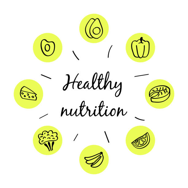 ilustrações de stock, clip art, desenhos animados e ícones de heathy nutrition. set of hand drawn color icon. vector - heathy food