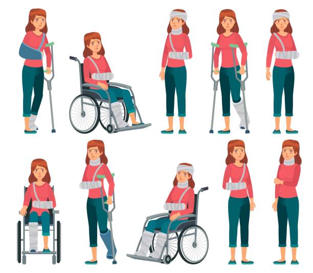 Woman with injury. Broken legs in plaster, arm and neck injuries. Sad female character in wheelchair, accident victim vector cartoon illustration Woman with injury. Broken legs in plaster, arm and neck injuries. Sad female character in wheelchair, accident victim vector cartoon illustration. Unhappy girl with physical disability or trauma. bandage arm stock illustrations