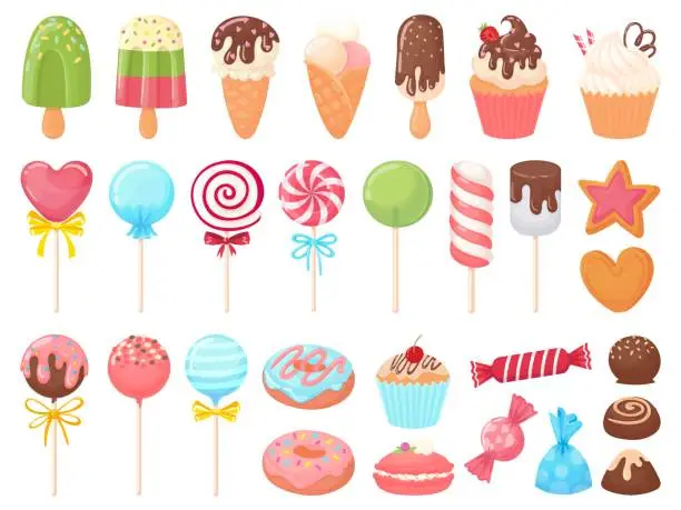 Vector illustration of Cartoon sweets. Sweet ice cream, cupcakes and chocolate candies. Delicious donut, cookies and candy on stick vector illustration set