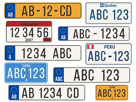 Car license plate. EU countries car number plates. Cuba, Panama, Peru and Quebec registration numbers template vector illustration set. Collection of vehicle alphanumeric IDs from various states.