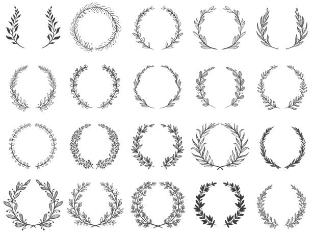 illustrations, cliparts, dessins animés et icônes de couronnes de branches ornementales. couronne de feuilles de laurier, branches d’olivier et ensemble rond de cadres floraux d’ornement - couronne florale illustrations