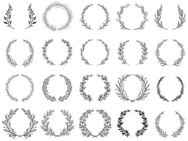 Vector illustration of Ornamental branch wreathes. Laurel leafs wreath, olive branches and round floral ornament frames vector set