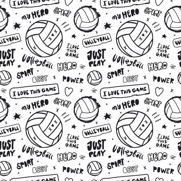 abstrakte schwarze nahtlose muster für volleyball mit ball und text. sportliche hintergrund für die gestaltung von textilien, papier, banner, postkarte, plakat. doodles, handgeschriebene worte. - blob heart shape romance love stock-grafiken, -clipart, -cartoons und -symbole