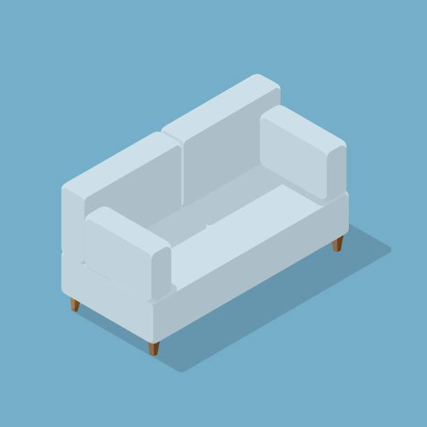 스칸디나비아 최소한의 인테리어. 파란색 배경에 격리 된 아이소메트릭 소파. 노르웨이어 거실 디자인입니다. 편안한 아늑한 집. 벡터 일러스트레이션 - symbol home interior furniture pillow stock illustrations