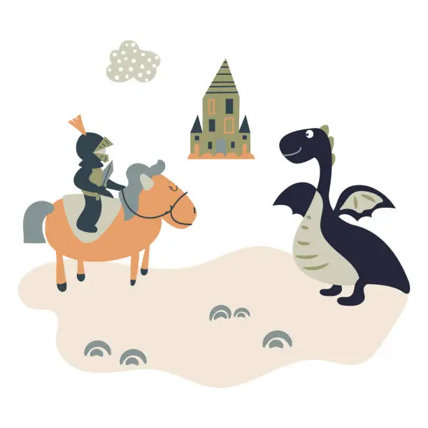 Vector illustration of Cartoon knight on a horsem meets a dragon. Kids castle theme illustration.