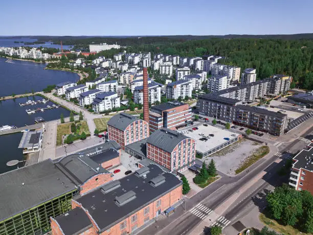 Aerial view of Lahti, Finland. On the background new district. The old factory was rebuilt into housing.