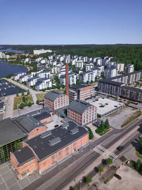Aerial view of Lahti, Finland. On the background new district. The old factory was rebuilt into housing.