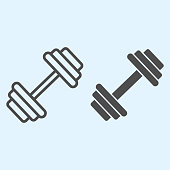 istock Dumbbells line and solid icon. Heavy weights barbel. Sport vector design concept, outline style pictogram on white background, use for web and app. Eps 10. 1205988090
