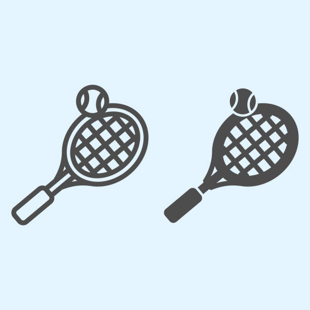 tennislinie und volumenkörper-symbol. schläger mit netz und shuttlecock ball. sport vektor-design-konzept, umriss stil piktogramm auf weißem hintergrund, verwendung für web und app. eps 10. - tennis racket ball isolated stock-grafiken, -clipart, -cartoons und -symbole