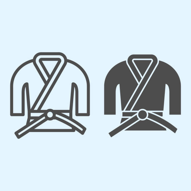 着物の線とソリッドアイコン。アジアの武道衣装、柔道と空手やベルト付きの他のスーツ。スポーツベクトルデザインコンセプト、白い背景にアウトラインスタイルのピクトグラム、ウェブ� - karate judo belt aikido点のイラスト素材／クリップアート素材／マンガ素材／アイコン素材