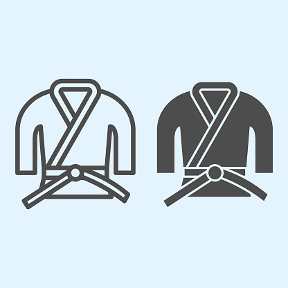 Kimono line and solid icon. Asian martial art costume, judo and karate or other suit with belt. Sport vector design concept, outline style pictogram on white background, use for web and app. Eps 10