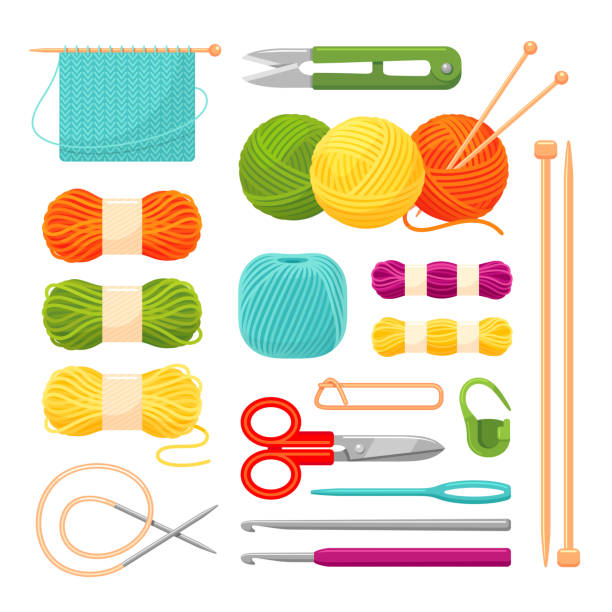 stockillustraties, clipart, cartoons en iconen met breiaccessoires, garenvector realistische illustraties set - bolletje wol