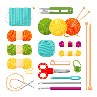 Knitting accessories, yarn vector realistic illustrations set