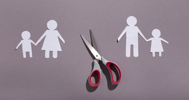 istock Paper family cut out chain and scissors on gray background 1205988714