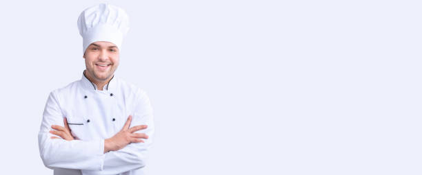 istock Happy Cook Man Posing Crossing Hands Over White Background, Panorama 1205989404