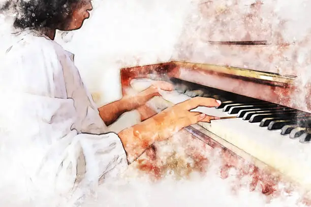 Photo of Abstract beautiful hand playing keyboard of the piano foreground Watercolor painting background and Digital illustration brush to art.