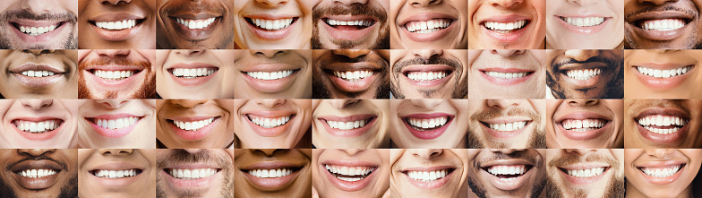 Panoramic collage of multiracial toothy people smiles, oral care and stomatology concept