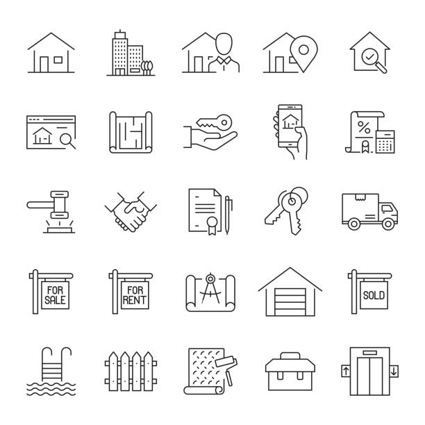 ilustraciones, imágenes clip art, dibujos animados e iconos de stock de conjunto de iconos de línea relacionados con bienes raíces. trazo editable. iconos de contorno simples. - new symbol interface icons contemporary