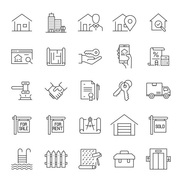 zestaw ikon linii związanych z nieruchomościami. edytowalny obrys. proste ikony konspektu. - computer icon symbol icon set real estate stock illustrations