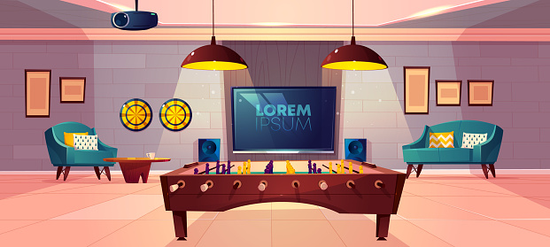 Comfortable recreation room for family leisure in house basement cartoon vector with soft armchair and sofa, darts on wall, projector on ceiling and football, soccer table-top game, TV illustration