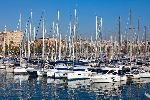 BARCELONA, SPAIN - JANUARY 9, 2020: Yachts at Port Vell in Barcelona, nobody