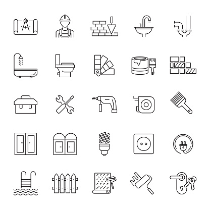 Set of Home Repair and Maintenance Related Line Icons. Editable Stroke. Simple Outline Icons.