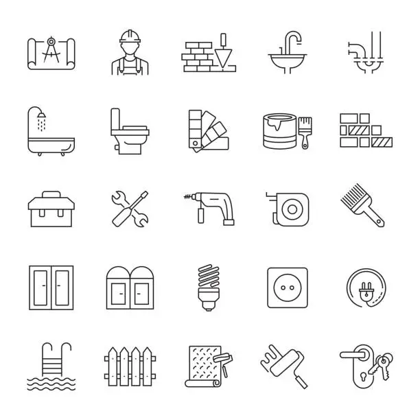 Vector illustration of Set of Home Repair and Maintenance Related Line Icons. Editable Stroke. Simple Outline Icons.