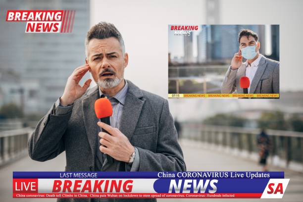 Breaking news reporters reporting on coronavirus from China Tow men, handsome breaking news reporters, going live in television program, reporting on coronavirus from Shanghai. newscaster photos stock pictures, royalty-free photos & images