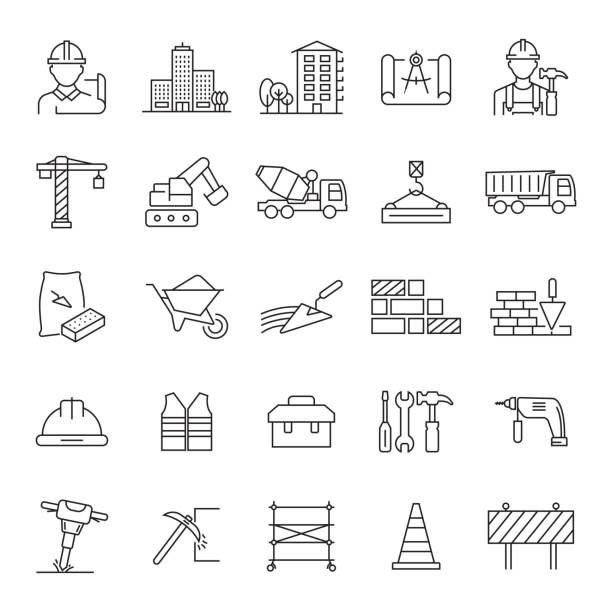 ilustraciones, imágenes clip art, dibujos animados e iconos de stock de conjunto de iconos de línea relacionados con la construcción y la arquitectura. trazo editable. iconos de contorno simples. - construction