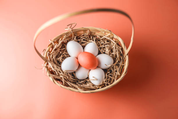 istock Bright red Easter egg among white ones in a basket on a light background. Festive spring card 1205997078
