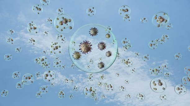 luftburet virus flytande aroud i droppar på blå himmel bakgrund - toxic water bildbanksfoton och bilder
