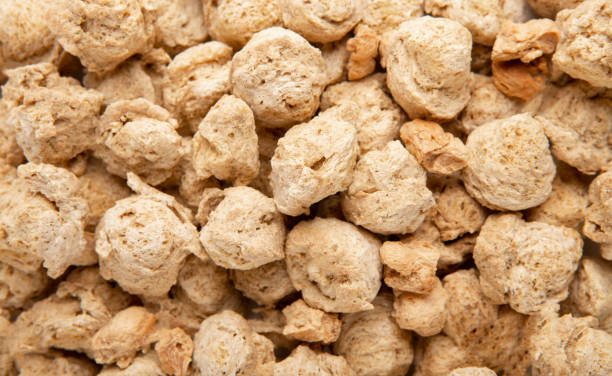 istock Textured soy meat background close up, panorama 1206000982