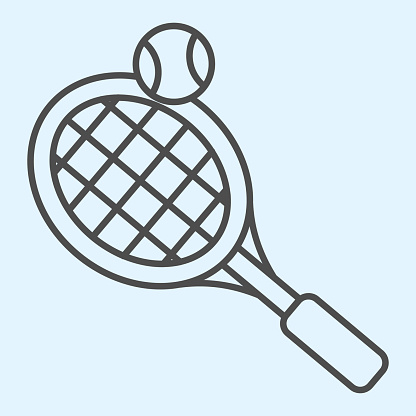 Tennis thin line icon. Racket with net and shuttlecock ball. Sport vector design concept, outline style pictogram on white background, use for web and app. Eps 10