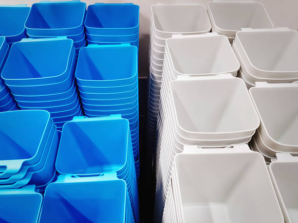 istock Group of Stacked White and Blue Plastic Containers for Sale 1206001253