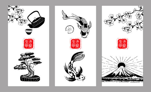 ilustrações de stock, clip art, desenhos animados e ícones de japan. japanese tradition. vector hand drawn vector black and white illustration-09.eps - sushi japan maki sushi salmon