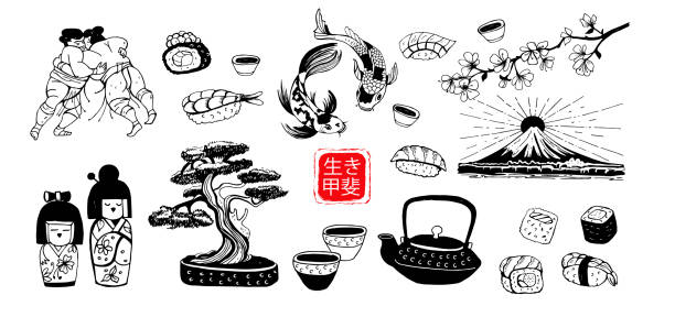 ilustraciones, imágenes clip art, dibujos animados e iconos de stock de japón. un conjunto de símbolos de la cultura japonesa. ilustración vectorial en blanco y negro dibujada a mano. la inscripción en el centro está hecha en japonés ikigai traducido significado de la vida. - religion symbol buddhism fish