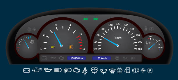 illustrations, cliparts, dessins animés et icônes de tableau de bord de voiture - odometer speedometer car battery motor vehicle